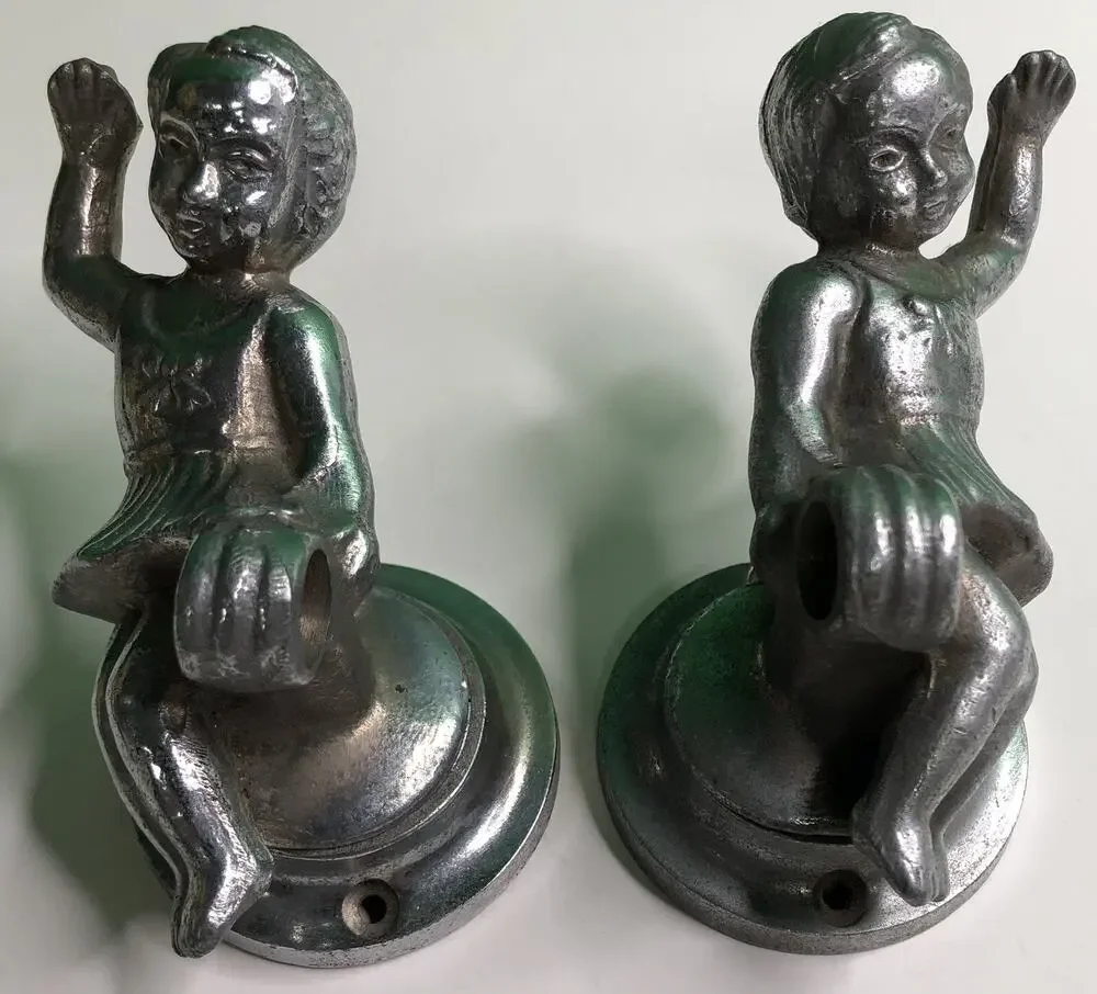 PAIR of Antique Cast Aluminum GIRLS Wall Mount TOWEL ROD HOLDER Kitchen Bath
